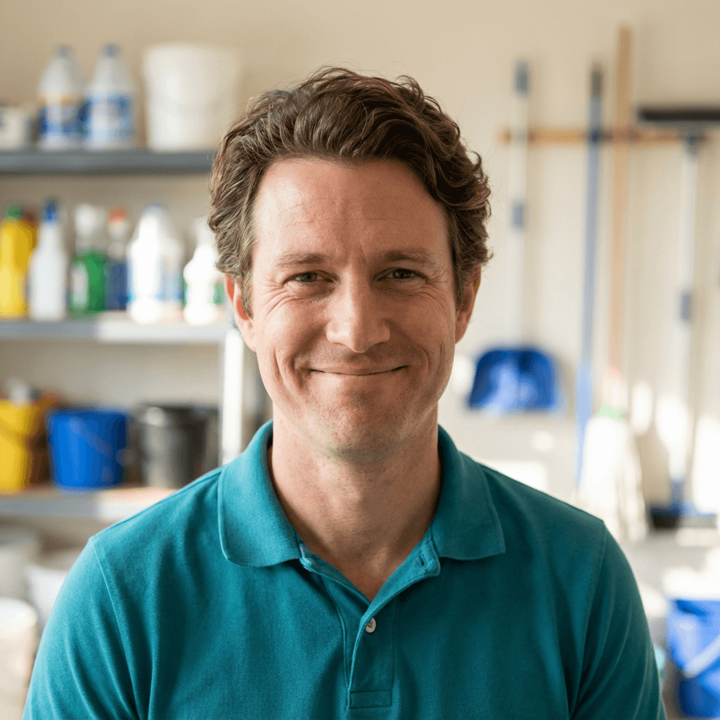 Owner and lead technician with squeegee at residential window