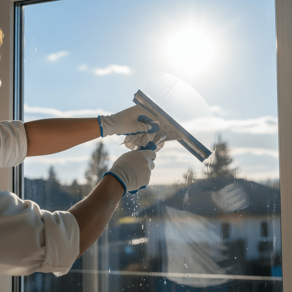Window cleaning with professional squeegee technique