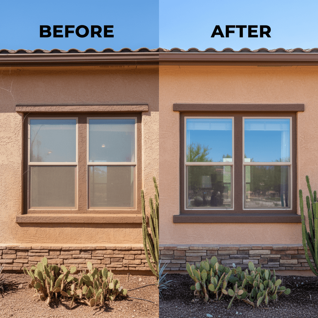 Residential exterior wall and windows before and after cleaning