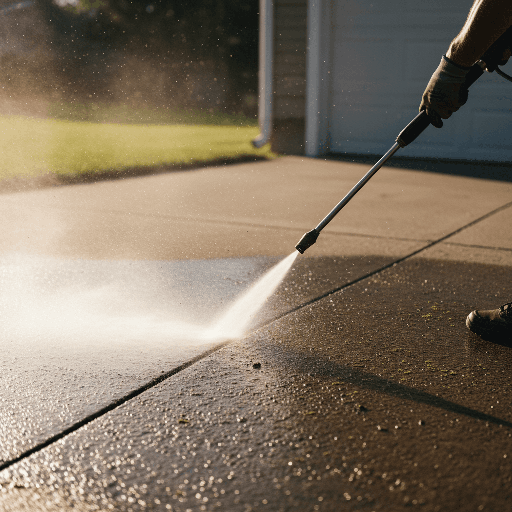 Pressure washer cleaning residential driveway, visible water spray and cleaning results