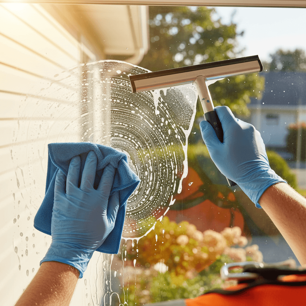 Technician cleaning residential gutter by hand, removing debris