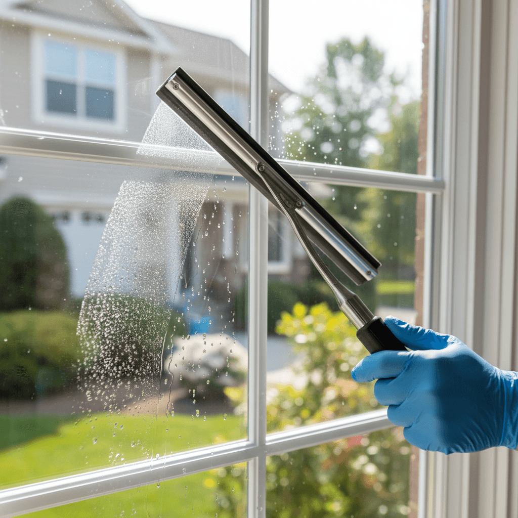 Professional window cleaner using squeegee technique on residential window