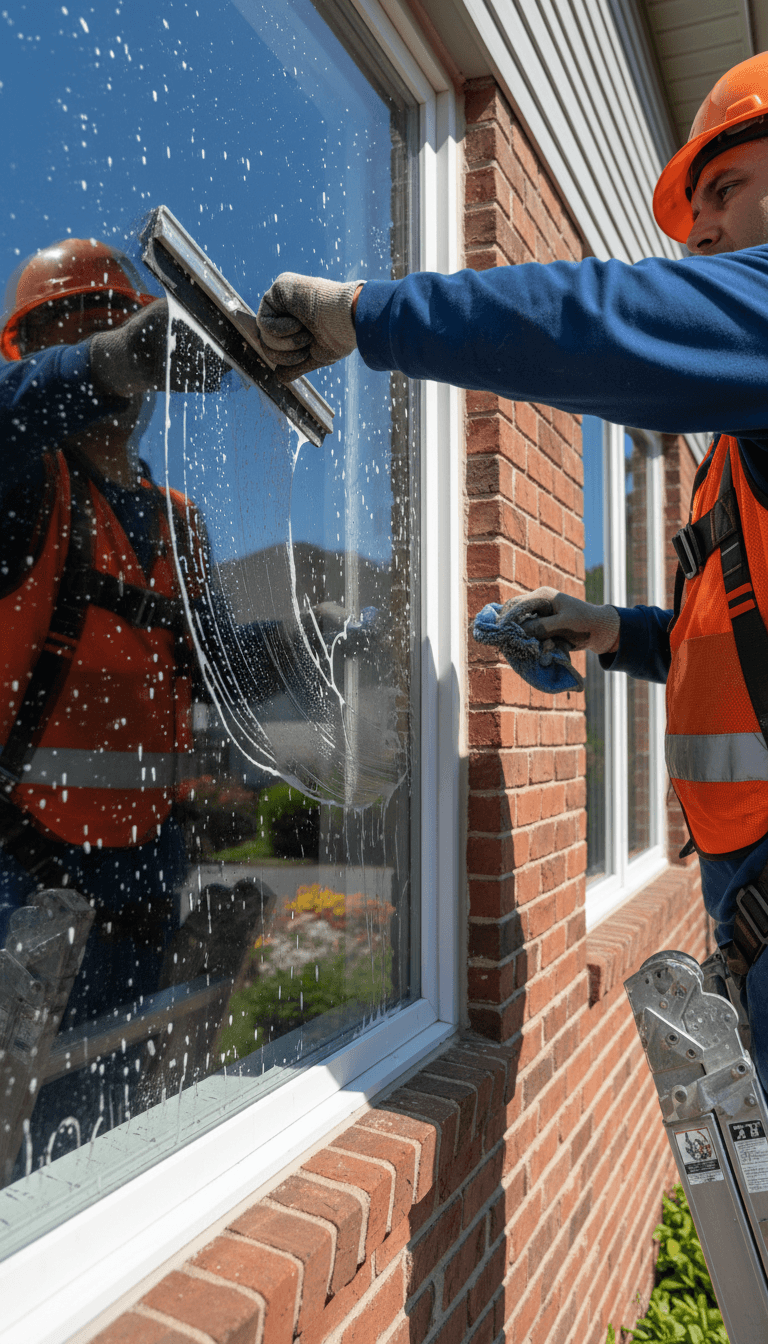 High-rise commercial window cleaning with safety equipment