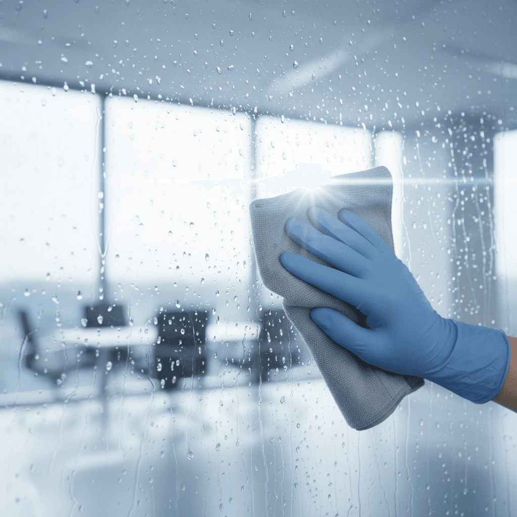 Specialist cleaning new windows on construction site, paint overspray removal